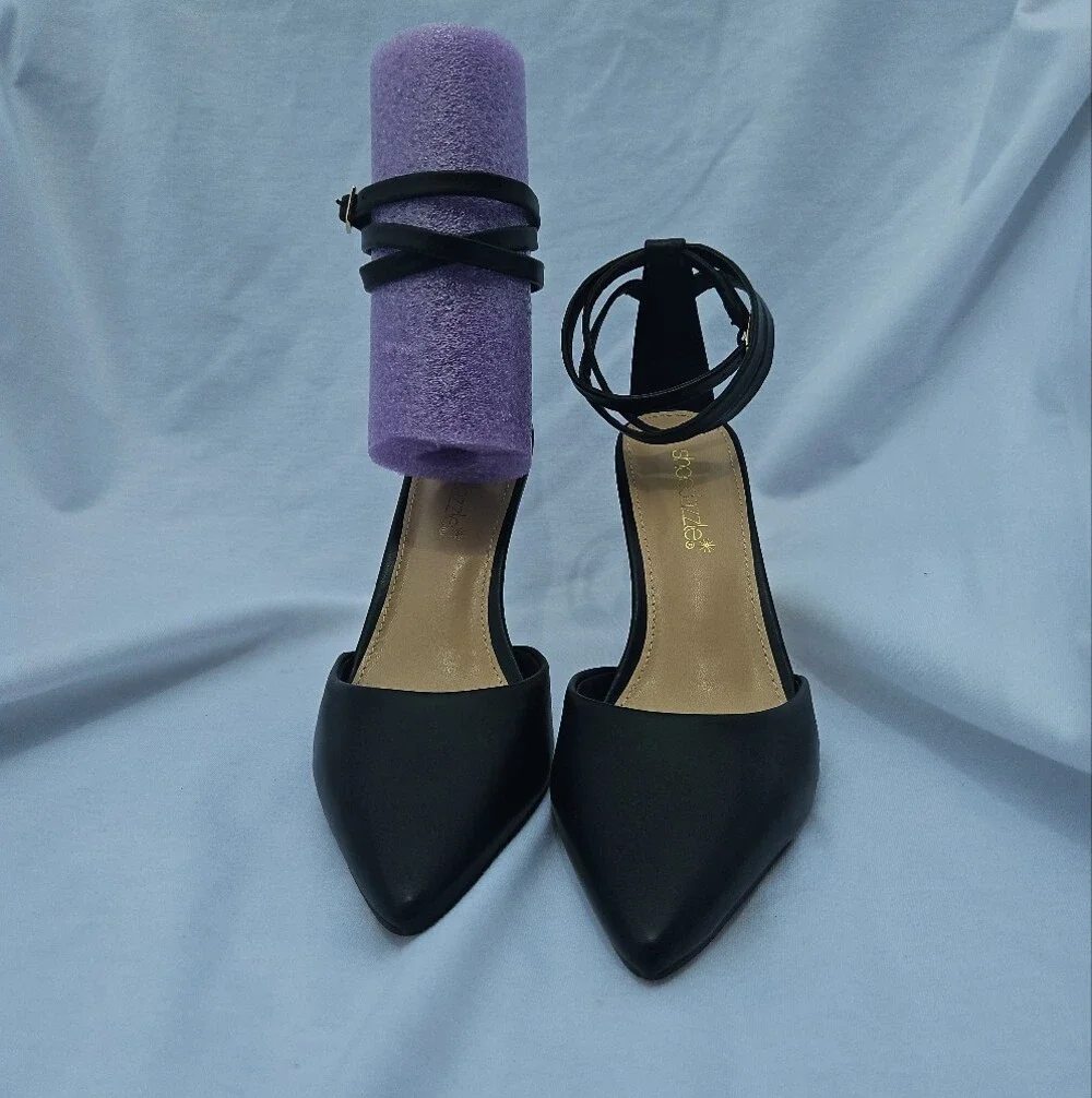 Shoe Dazzle Black Pointed-Toe Ankle-Strap Heels with Gold Sculpted Accent Heel